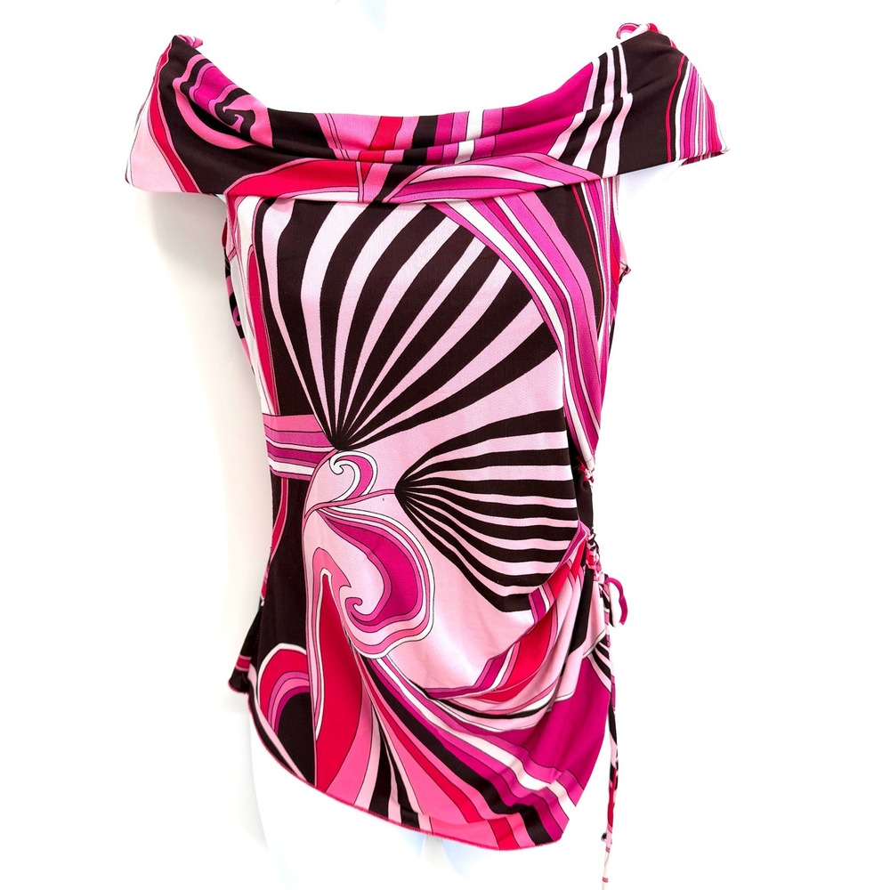 Y2K Rave Pink Psychedelic Print Ruched Side Tie Top Size S Off Shoulder Groovy